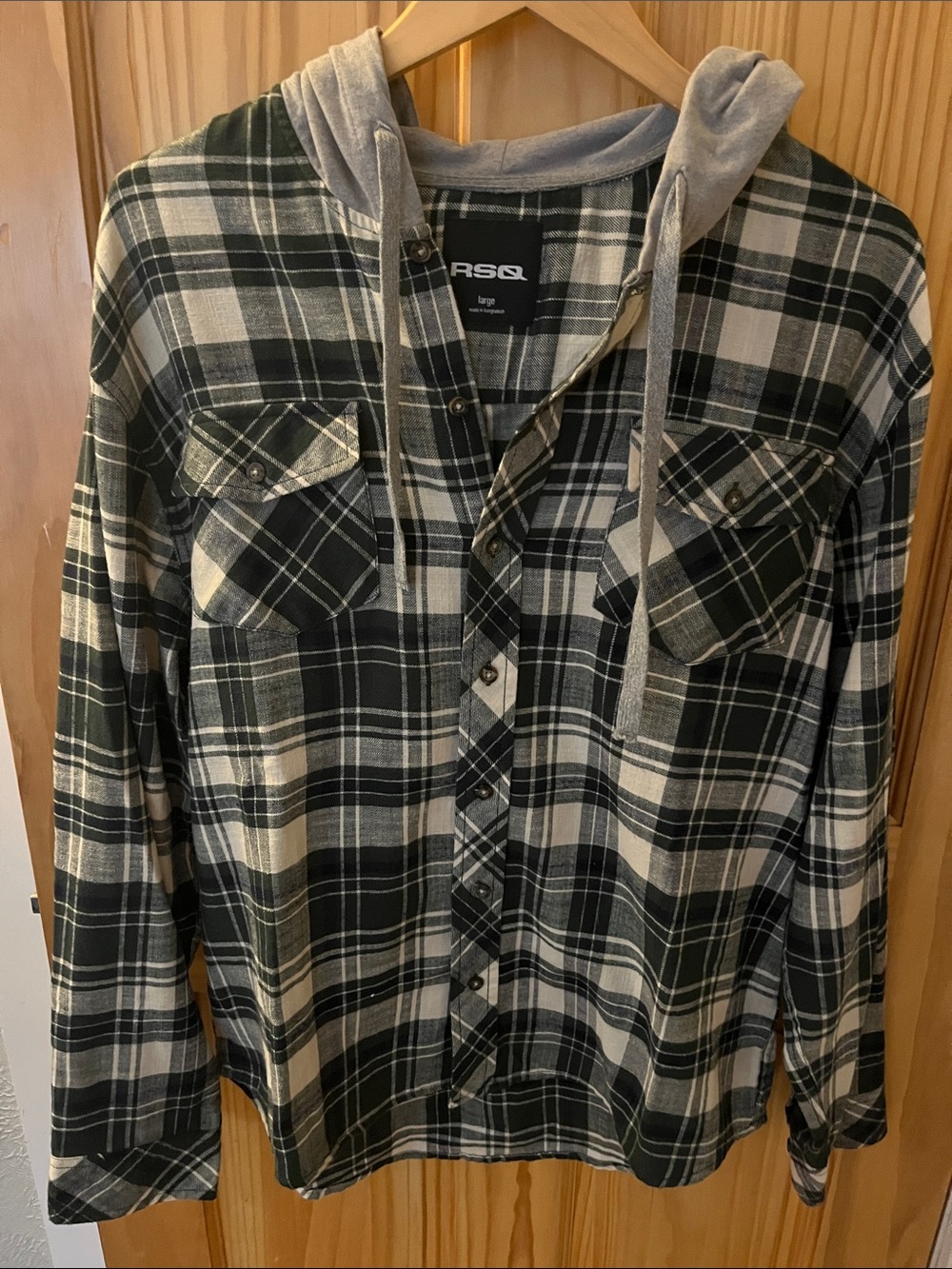 RSQ Men’s Black & Cream Plaid Hooded Button-Down Shirt